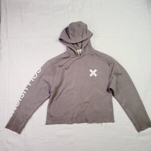 Collusion Men's‎ Cropped Hoodie Small Gray Raw Hem Graphic Sleeve Streetwear K85
